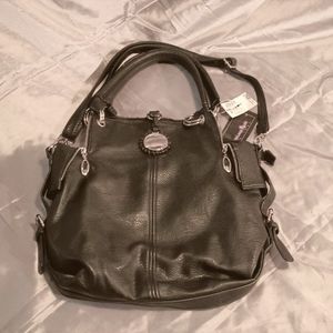 NEW WITH TAGS! Stephanie Nicole NY faux black leather & gold hardware, zippers